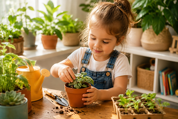 Criança cuidando de planta em vaso e aprendendo jardinagem dentro de casa