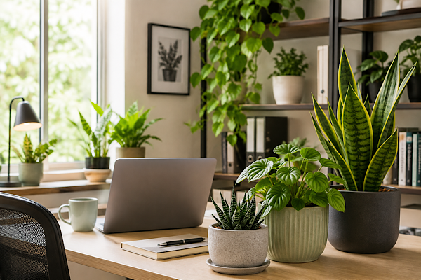 Plantas para home office em mesa de trabalho com iluminação natural