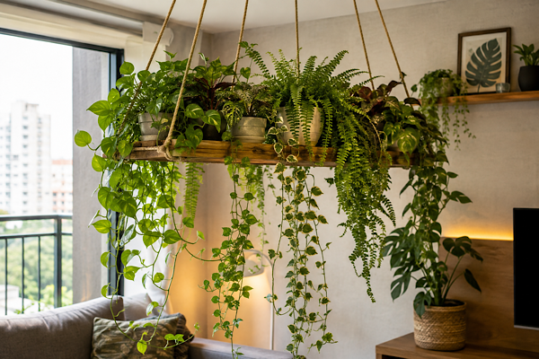 Jardim suspenso em apartamento com plantas pendentes e folhagens variadas