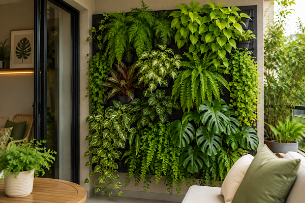 Jardim vertical com samambaias, aspargo, folhagens e plantas pendentes em apartamento