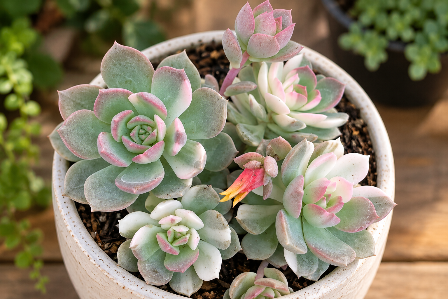 Echeveria Sigrid variegata em vaso com rosetas verdes, creme e tons rosados
