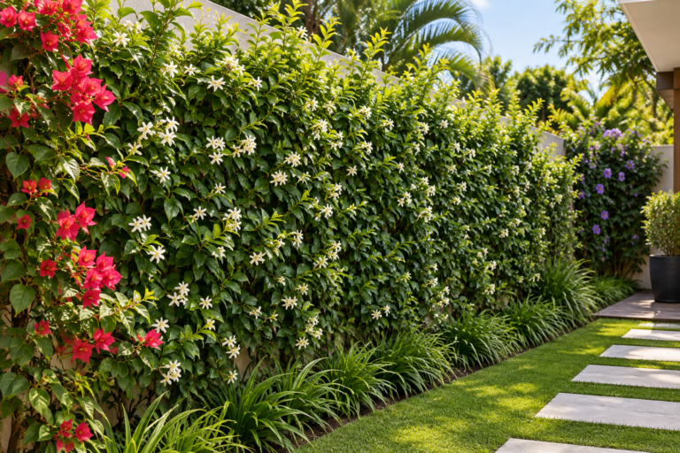 Plantas para muro e cerca viva formando barreira verde com flores no jardim
