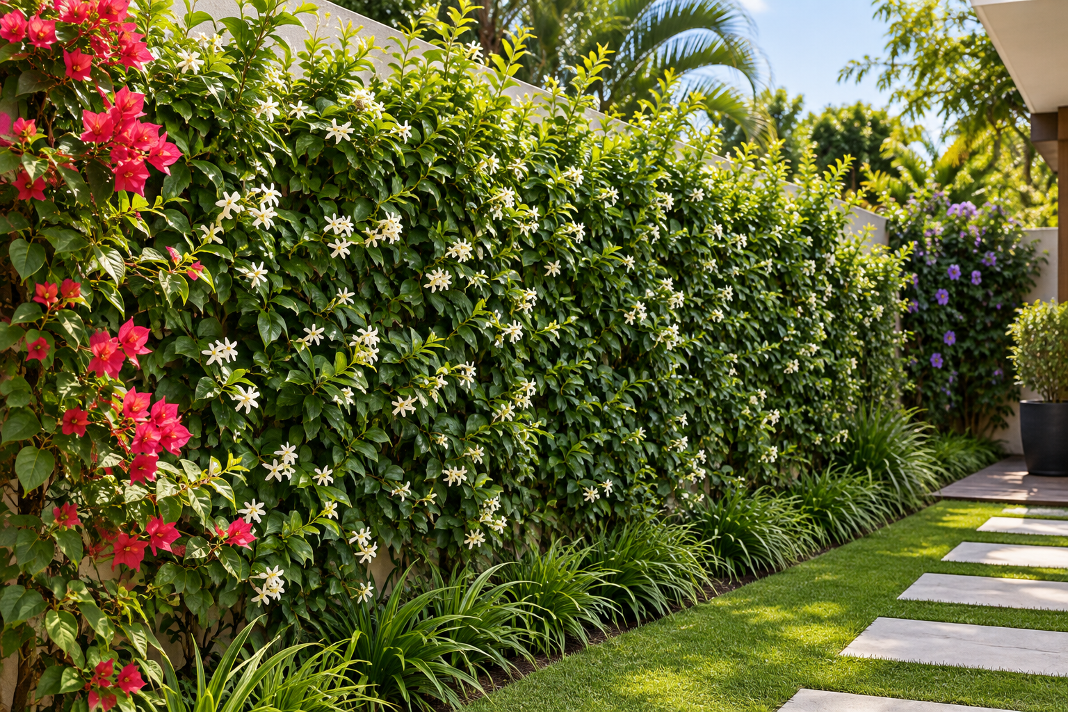 Plantas para muro e cerca viva formando barreira verde com flores no jardim