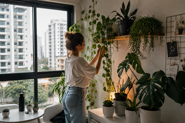Jovem cuidando de plantas em apartamento com decoração urban jungle e estilo geração Z