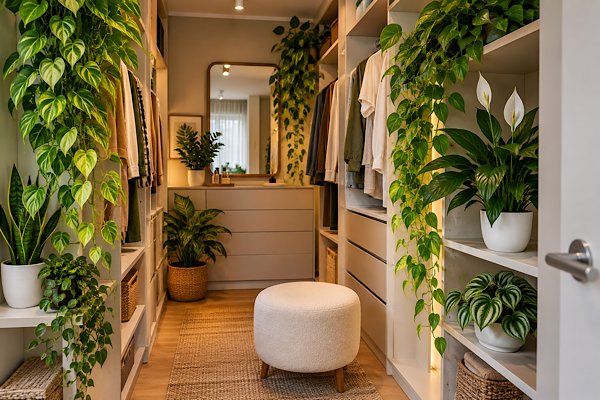 Plantas para closet com jiboia, zamioculca, espada-de-são-jorge e outras folhagens em ambiente interno iluminado.
