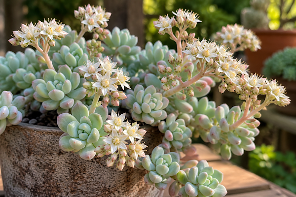 Sedum clavatum em floração com pequenas flores brancas estreladas e rosetas verde-azuladas.