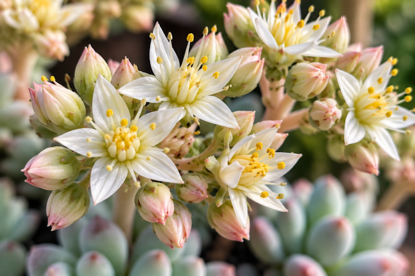 Flor do Sedum clavatum em close, com pétalas brancas, estames amarelos e botões rosados.