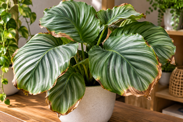 Calathea orbifolia com pontas marrons e folhas secas cultivada dentro de casa