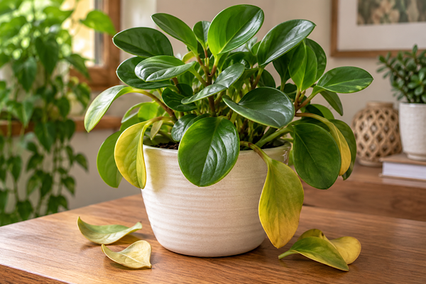 Peperomia obtusifolia com folhas amarelas e caindo cultivada em vaso dentro de casa