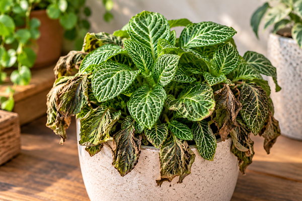 Fitônia com folhas murchas e secas cultivada em vaso dentro de casa
