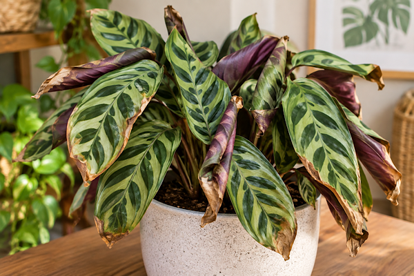 Ctenanthe burle-marxii com folhas enroladas, pontas marrons e secas cultivada em vaso