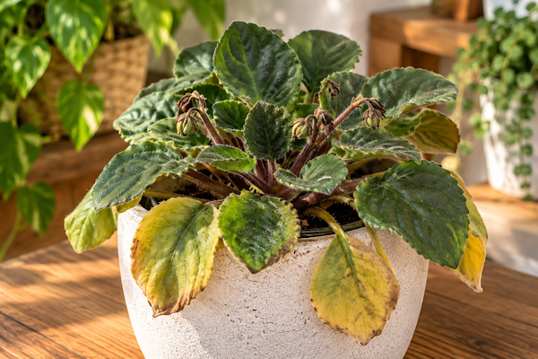 Violeta sem flores com folhas verdes cultivada em vaso dentro de casa