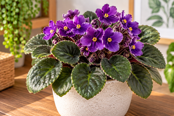 Violeta africana com flores roxas abundantes cultivada em vaso