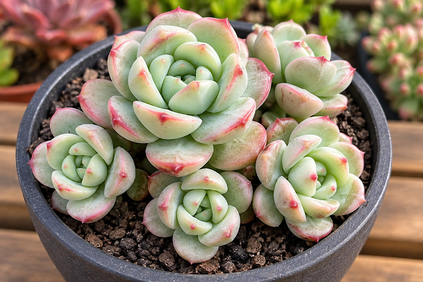 Sedeveria Pudgy em vaso com várias rosetas verdes e pontas rosadas