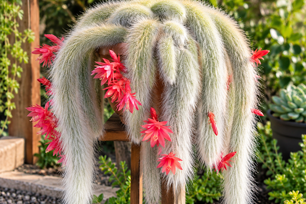 Cacto rabo-de-macaco com caules longos e peludos e flores vermelhas
