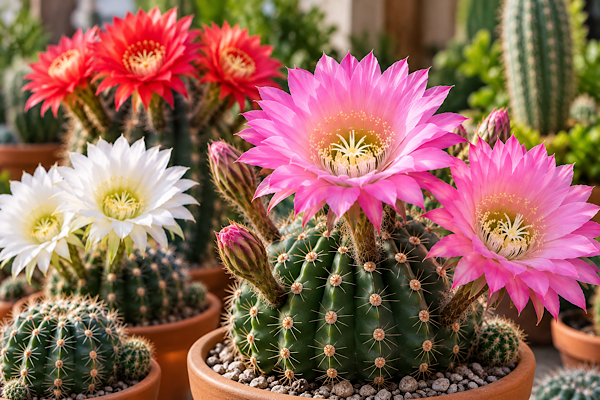 Cactos Echinopsis floridos com flores rosas, brancas e vermelhas