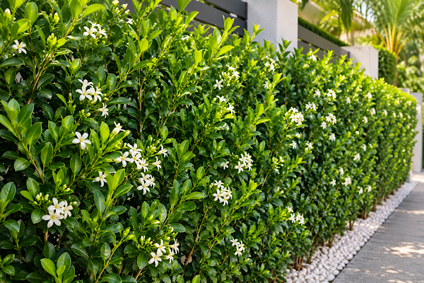 Murta para cerca viva com folhagem verde densa e flores brancas em jardim