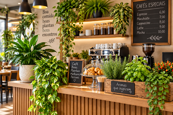 Cafeteria gourmet decorada com plantas aromáticas, folhagens e vasos sobre o balcão