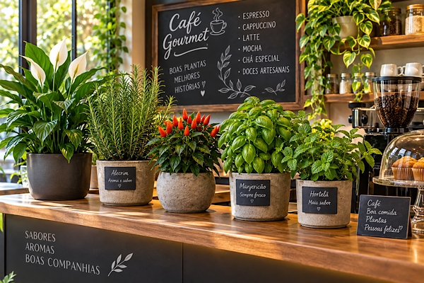 Plantas em vasos decorando cafeteria gourmet com ambiente aconchegante e iluminação natural