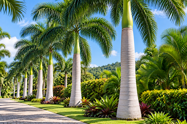Palmeira-imperial (Roystonea oleracea) com tronco alto e liso em jardim tropical