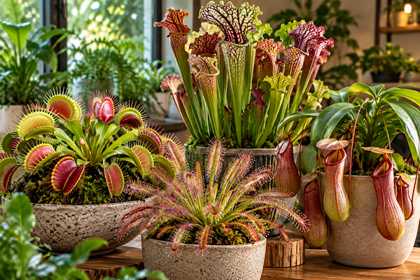 Plantas carnívoras em vasos dentro de casa com Dionaea, Drosera, Sarracenia e Nepenthes