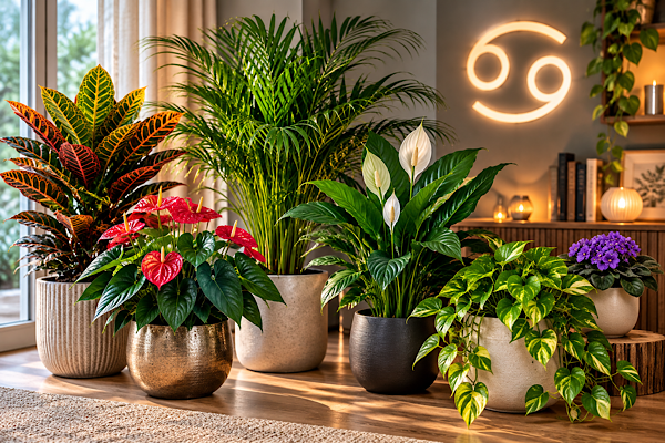 Plantas para o signo de Câncer em ambiente acolhedor com lírio-da-paz, jiboia, antúrio e símbolo do signo