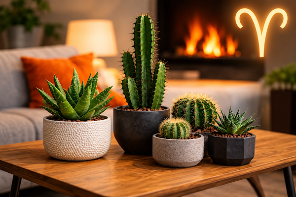 Plantas para o signo de Áries com cactos e suculentas em ambiente acolhedor e símbolo de Áries