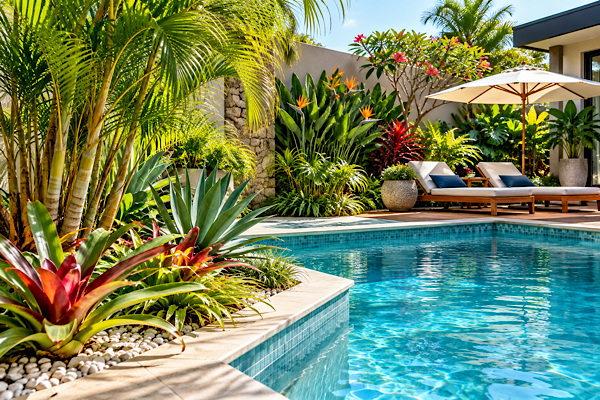Plantas para área da piscina com palmeiras, bromélias, estrelícias e agaves em jardim tropical