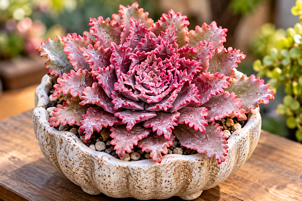Echeveria Star Fire em vaso com folhas onduladas em tons rosados e avermelhados