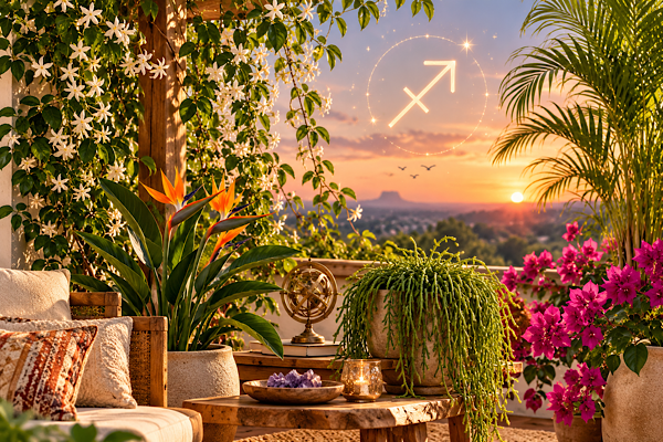 Plantas para o signo de Sagitário em ambiente com estrelícia, jasmim, Rhipsalis e símbolo de Sagitário