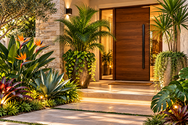 Plantas para entrada da casa com estrelícias, palmeiras, agave e folhagens valorizando fachada moderna