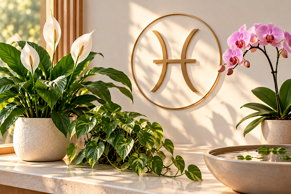Plantas para o signo de Peixes com lírio-da-paz, jiboia e orquídea em ambiente tranquilo com símbolo de Peixes.