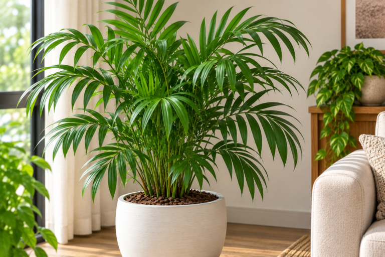 Chamaedorea elegans com folhas verdes cultivada em vaso dentro de casa
