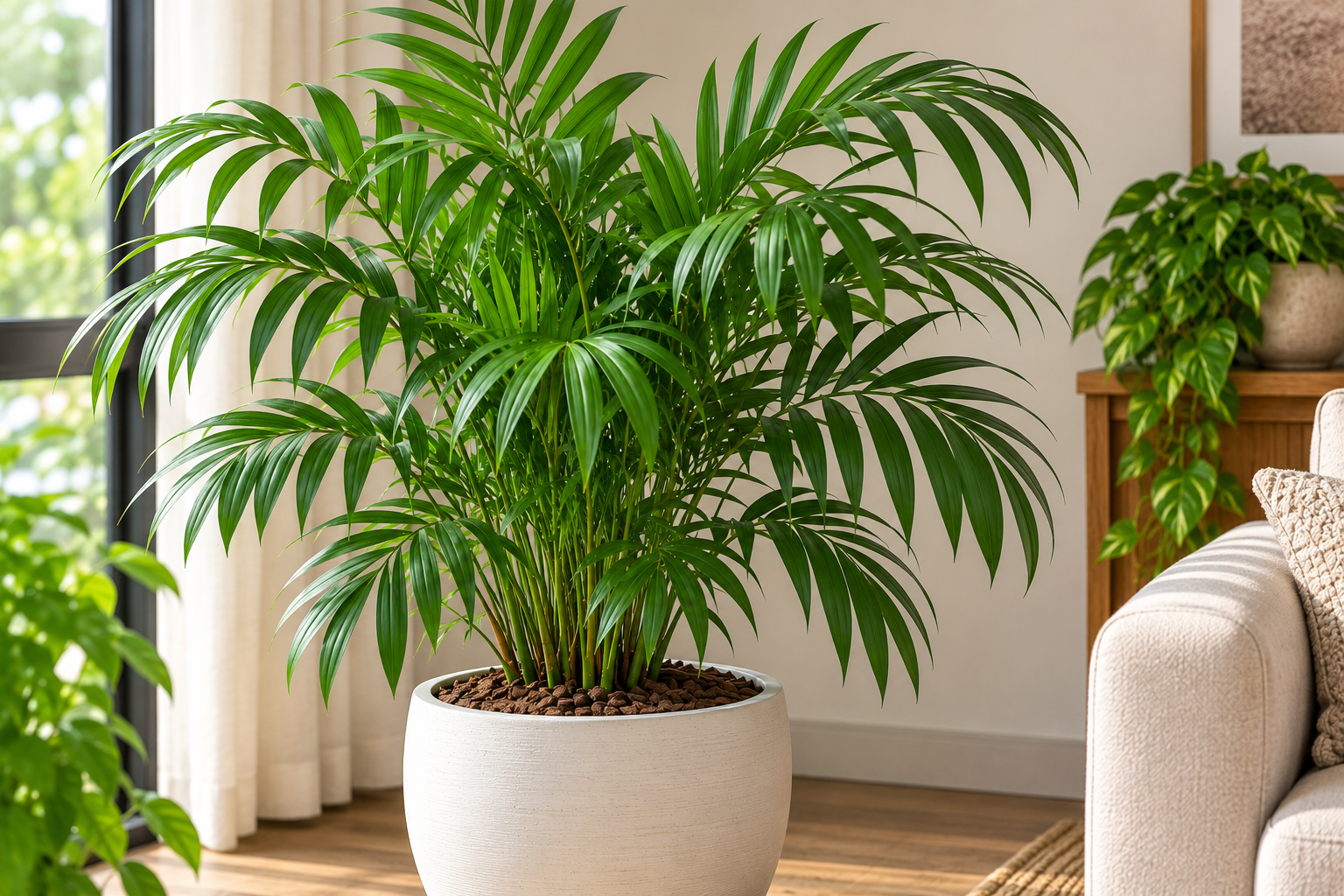 Chamaedorea elegans com folhas verdes cultivada em vaso dentro de casa