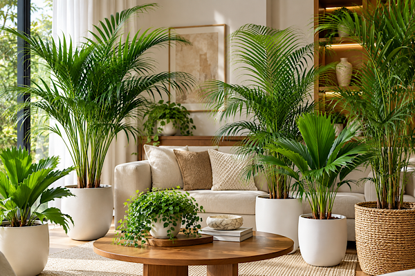 Palmeiras para dentro de casa decorando sala com luz natural e vasos