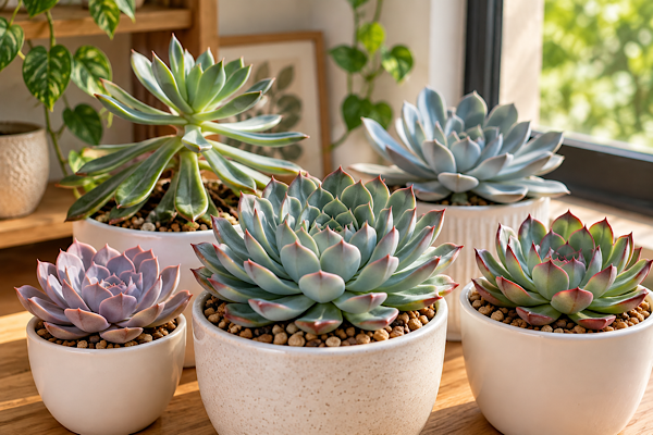 Echeverias cultivadas dentro de casa próximas à janela com boa luminosidade natural