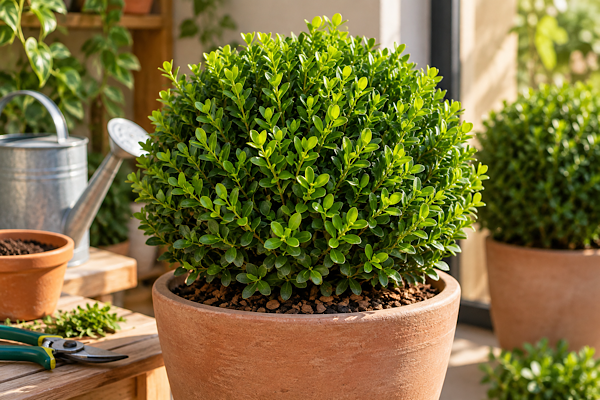Buxinho em vaso com folhagem verde compacta cultivado em ambiente bem iluminado