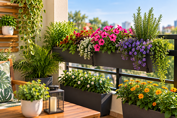 Floreiras compridas com flores coloridas e plantas pendentes decorando varanda ensolarada