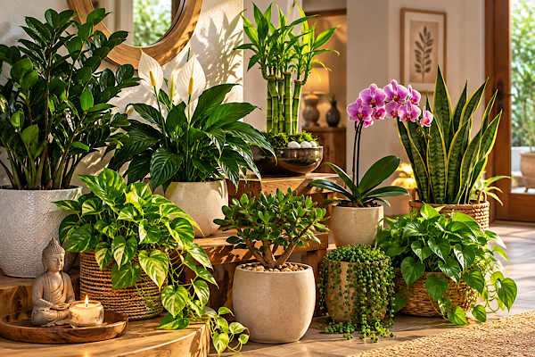 Plantas no Feng Shui com zamioculca, lírio-da-paz, jiboia, bambu-da-sorte e outras espécies dentro de casa