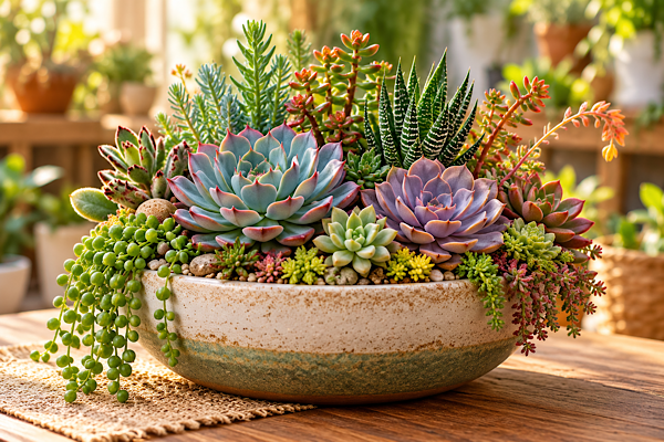 Arranjo ornamental de suculentas em vaso de cerâmica, combinando echeverias coloridas, haworthia, sedum e colar de pérolas, com diferentes formas, cores e texturas.