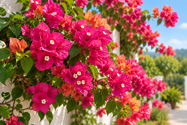 Primavera ou buganvília com floração abundante, exibindo brácteas em tons de rosa intenso e laranja, pequenas flores brancas e folhagem verde em jardim ensolarado.